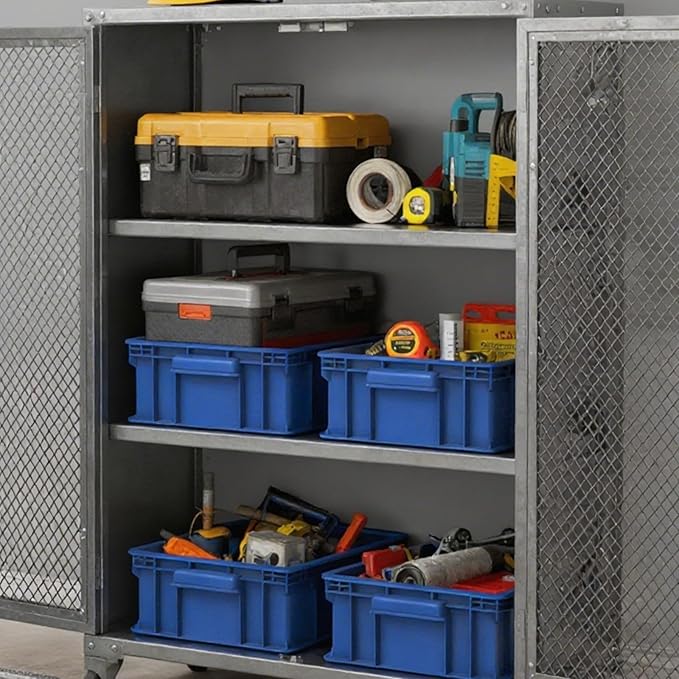 Heavy Duty Storage Bins, 180lbs Load Capacity Totes for Storage, 14.2"L x 10.4"W x 5.5"H, Stackable Straight Wall Container, Plastic Tote for Garage & Workshop, Stickable Labels, Blue, 1-Pack