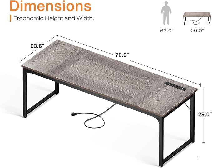Coleshome 71 Inch Computer Desk with Power Outlet | Extra-long workspace • Fits dual monitors • Stable steel frame • Spacious legroom • Home office & gaming