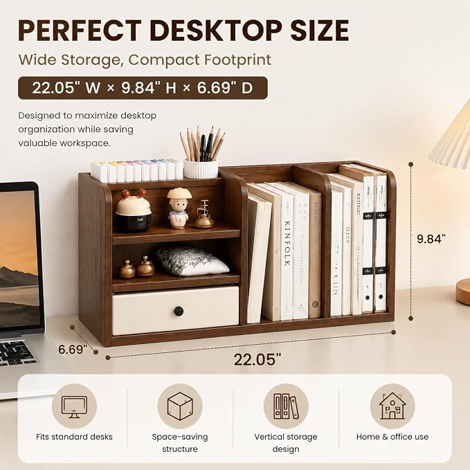 Desktop Organizer with Drawer & Dual File Compartments, Multi-Functional MDF Desk Storage Rack with 3-Tier Shelves and Pen Holder, Space Saving Desk Organizer 22.0×10.6×6.7 Inch for Study Room