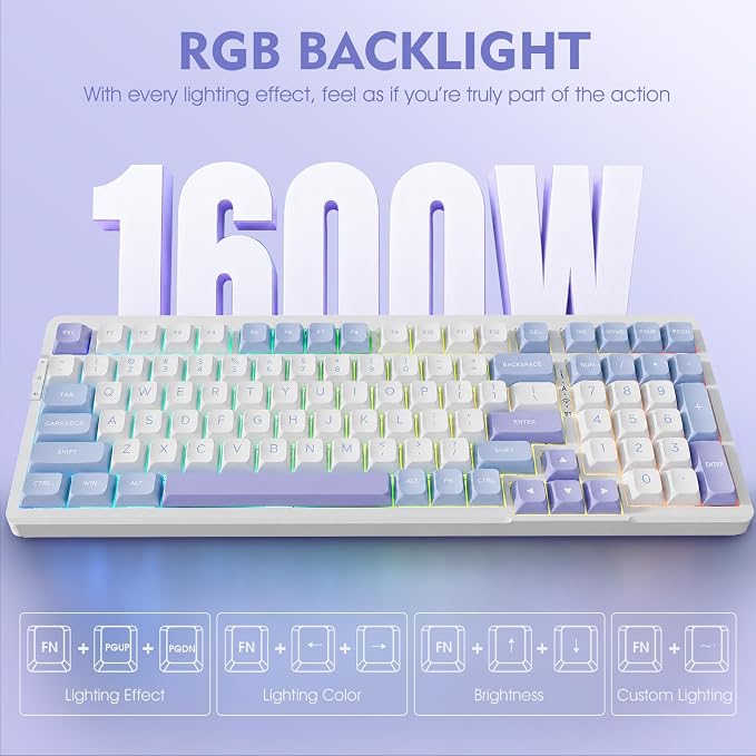 VGN V98ProV3 Gaming Keyboard, Tri-Mode Wireless Custom Mechanical Keyboard | Hot Swappable Gasket Keyboard , Bluetooth 2.4G USB-C, RGB Backlit Computer Keyboards for PC Mac, Pre-lubed Cow Switch, Purple