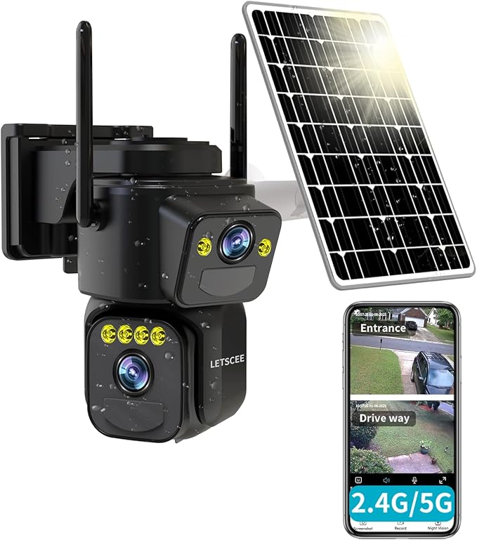 Security Cameras Outdoor WiFi,5G/2.4G Cameras for Home Security Solar Power with Dual Lens,Motion Detection,Night Vision,2-Way Audio,Weather Proof,No Subscription Fee