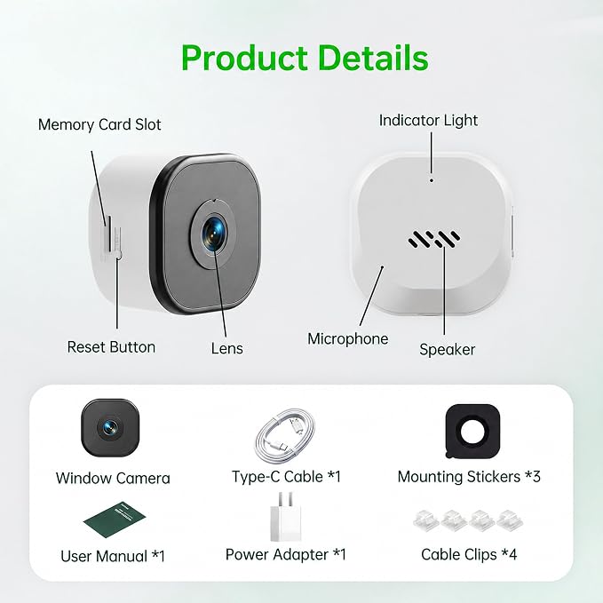 2K Window Camera,2.4G WiFi Indoor Camera for Home Security, AI Color Night Vision, Person & Motion Detection,911 Emergency, US Based Cloud, 24/7 Recording