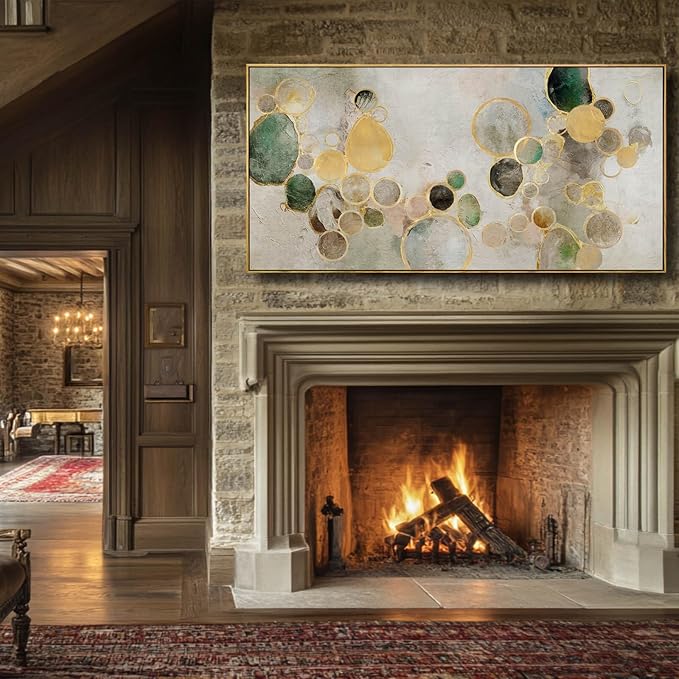 Abstract Canvas Wall Art Gold Circle Painting Green Artwork Framed Wall Prints 29"x 58" Office Wall Decor Colorful Pictures for Living Room Bedroom