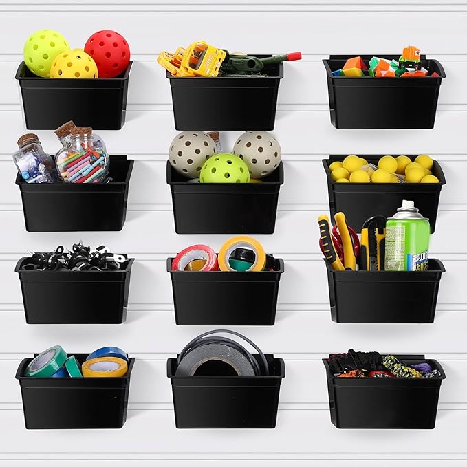 Unittype 12 Pcs Storage Bin Plastic Slatwall Bins for Slatwall Organizer Containers Garage Accessories(Black)