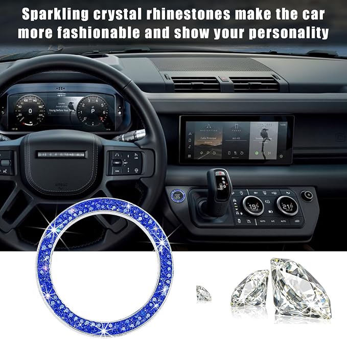 Kewucn 2 PCS Bling Crystal Double Rhinestone Car Engine Start Decoration Ring, Sparkling Push Start Button Sticker, Key Ignition & Knob Ring Decoration, Bling Car Interior Accessory(Dark Blue)