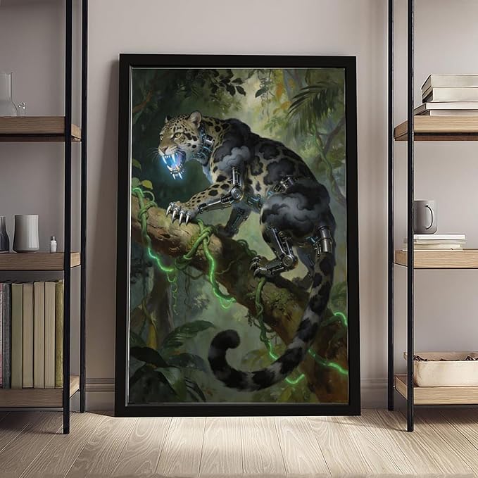 Framed Steampunk Mechanical Leopard Wall Art - Jungle Futuristic Beast Poster for Man Cave Living Room Decor 16x24in