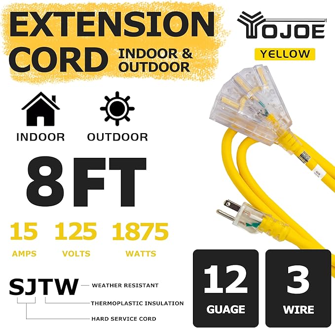 YOJOE 3-Outlets Indoor Outdoor Extension Cord with Lighted End, 3 Prong 15A Weatherproof Power Cord, 12 Gauge Heavy Duty 8 ft Yellow Extension Cord Multiple Outlets, 12/3 SJTW UL Listed