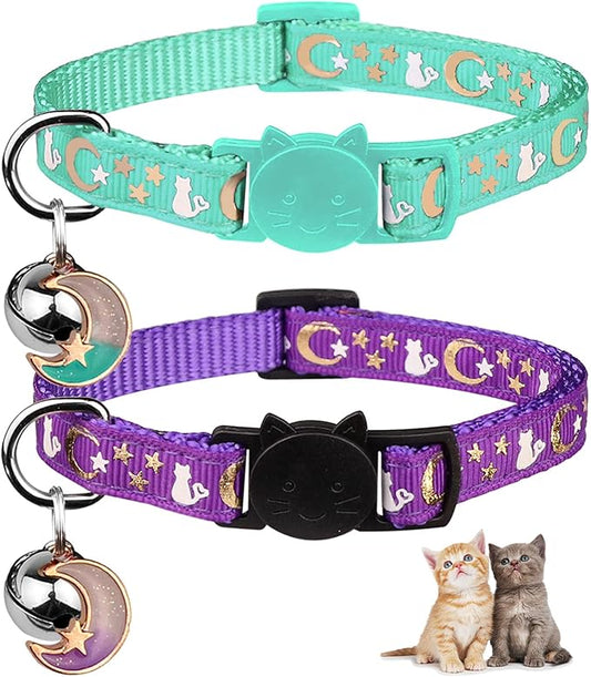 2PCS Breakaway Cat Collars with Bell Cute Kitty Glow in The Dark Adjustable Kitten Collars 7.9-13.0 Inch(Teal&Purple)