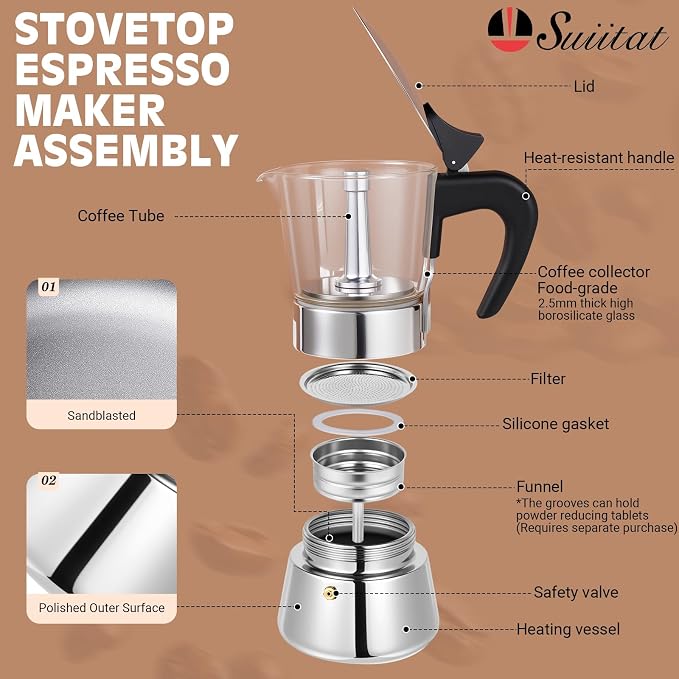 4 Cup 200ml Glass Moka Pot, Stovetop Espresso Maker, Silver | Crystal Glass-top & Stainless Steel Coffee Maker, Induction Compatible, for Greca de Cafe, Cuban and Italian Coffee Brewing