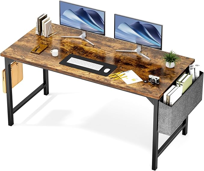 Sweetcrispy 55-Inch Small Computer Desk for Bedroom, Brown | Gaming Writing Work and Study Desk for Home Office, Sturdy Metal Frame and Compact Modern Design with X-Shaped