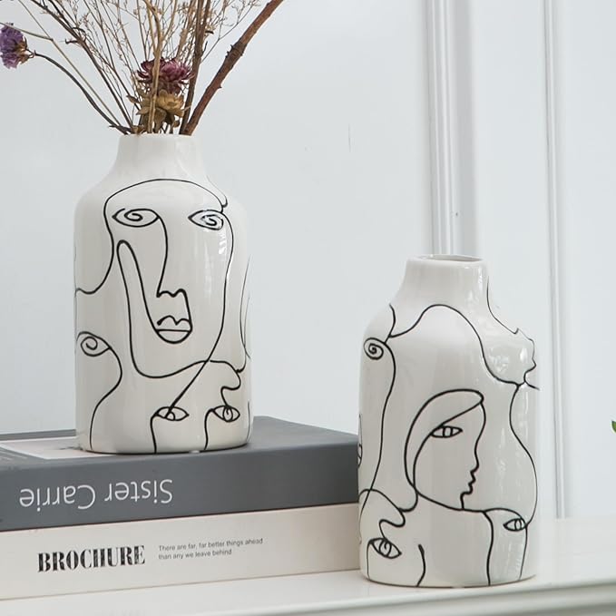 Kimdio Ceramic Vase Set, 2pcs White Abstract Irregular Design Flower Vases, Modern Home Decor Living Room Decor Minimalist Decorative Vase for Pampas Grass