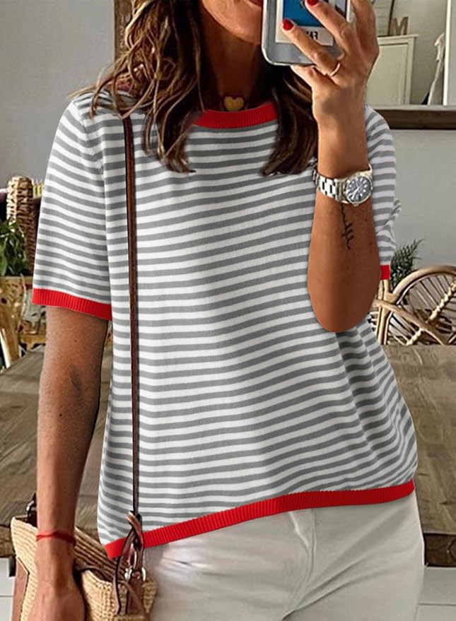 Dokotoo Womens Tops 2026 Casual Summer Crewneck Short Sleeve Striped Color Block Knit High Low Trendy Pullover Sweaters
