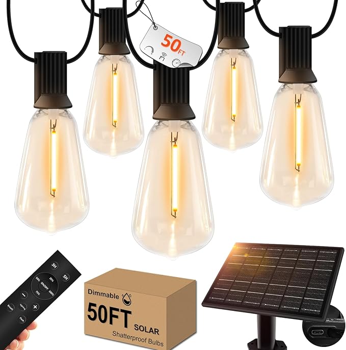 GHUSTAR 50ft Solar Outdoor String Lights with Remote - USB Rechargeable Solar Powered Outdoor Patio Lights, Larger 1.5W Solar Panel, Timer, Dimmable Shatterproof ST38 Bulbs for Backyard, Garden, Pool