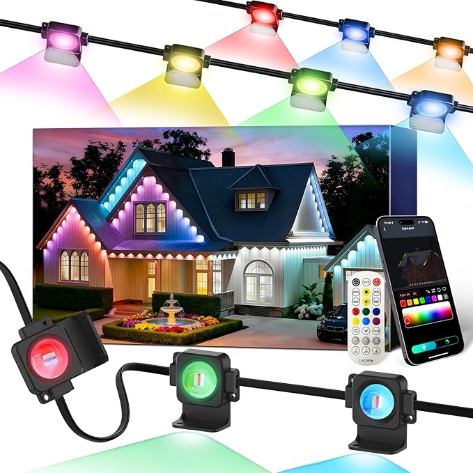 Permanent Outdoor Lights 100Ft 60LEDs, Smart RGB-IC Year Round Eave Deck Fence Outside Lights with Remote & App Control, Multicolor & White Individual DIY LED Christmas Holiday Decor
