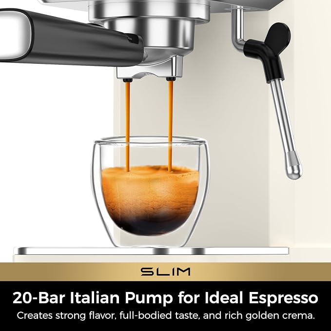 CHULUX Slim Espresso Machine with Milk Frother for Home Cappuccino, Creamy | Precise Pressure Gauge, Food-Grade Materials, 20 Bar Italian Pump, Professional Temperature Control System, Stainless Steel