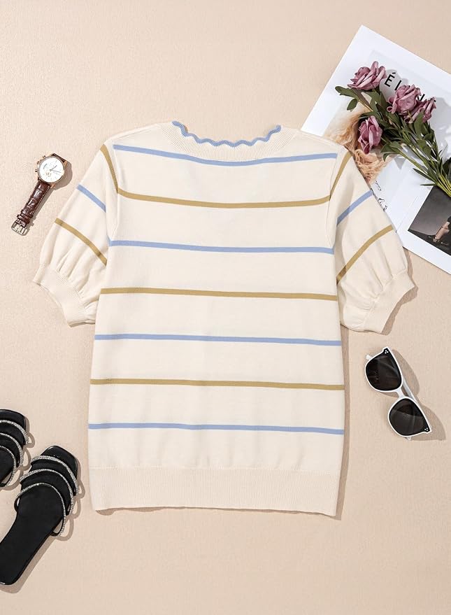 Dokotoo Womens Summer Short Sleeve Knit Tops 2026 Spring Trendy Casual V Neck Striped Sweater Blouses