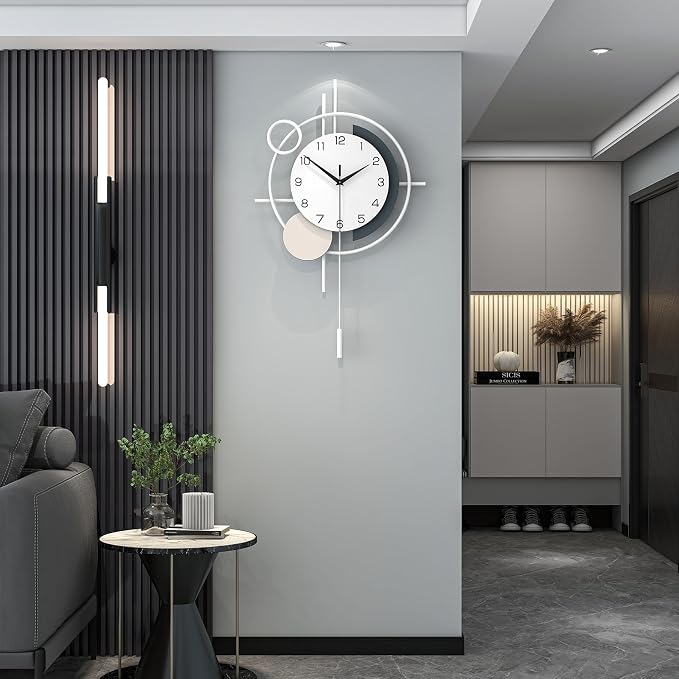 Large Decorative Wall Clock Silent Non-Ticking Quartz Battery Operated Pendulum Wall Clock for Living Room Kitchen Office Bathroom Bedroom Home Wall Art 17.7x27.3 inch