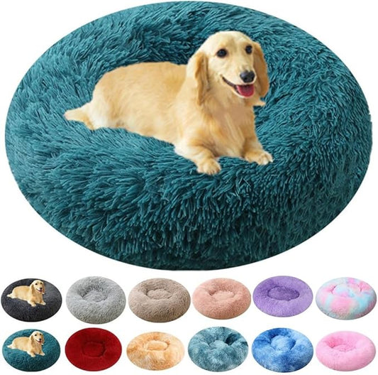 Calming Dog & Cat Bed, 24 Inch Anti-Anxiety Donut Cuddler Cat Bed with Anti-Slip Bottom, Washable Round Fluffy Pet Bed for Small Medium Dogs and Cats (Dark Blue)