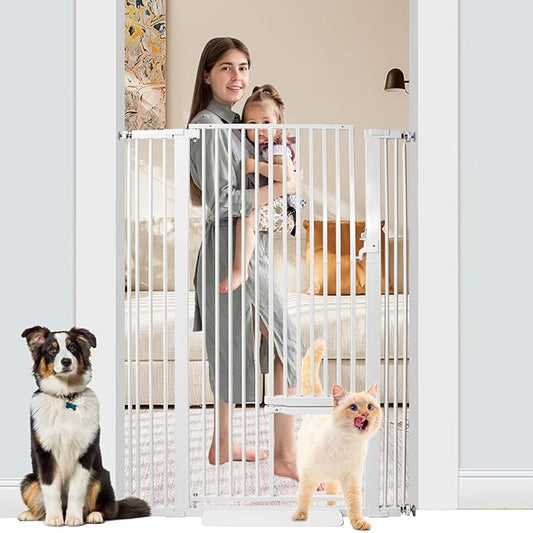55 Inch Extra Tall Pet Gate with Small Cat Door, 29.55"-40.55" Adjustable Wide Dog Gate, Tall Cats Gates for Doorway, Stairs, House(White)