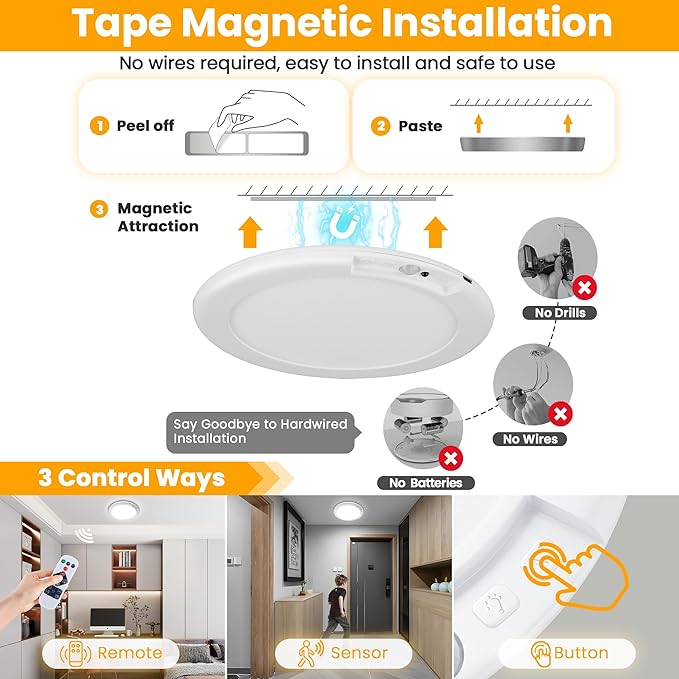 SunRider 4-Pack Rechargeable Motion Sensor LED Ceiling Light with Remote, Cordless Closet Lights Battery Operated, Dimmable 3CCT Magnetic Suction