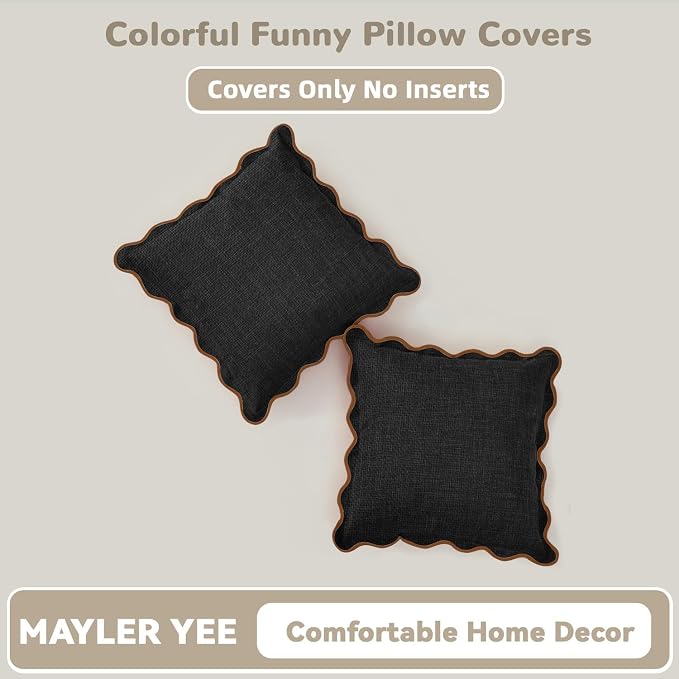 Scalloped Pillow Covers Set of 2 for Living Room | Decorative Sofa Couch Pillows | Boho Sytle Decorative Home | Aesthetic Funky Preppy Pillow Cases (Black & Brown, 24x24 Inch)