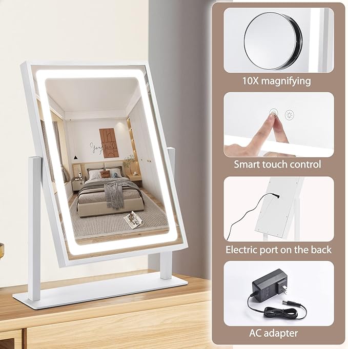 Vanity Mirror with Lights, Hollywood Makeup Mirror, Touch Control, 3 Color Lighting Modes, Dimmable, Detachable 10X Magnification Mirror, 360 Rotation (16in, White)