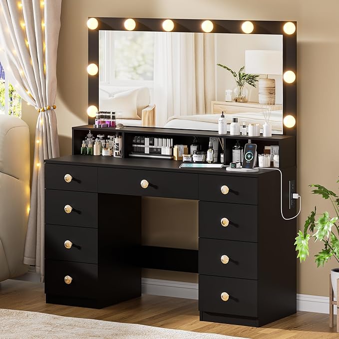 Vanity Desk with Large Mirror and Lights, Makeup Vanity with Power Outlet, 9 Drawers & Shelf Storage, Black Vanity with 3 Lighting Modes, Dressing Vanity Table for Women, Girls, Bedroom
