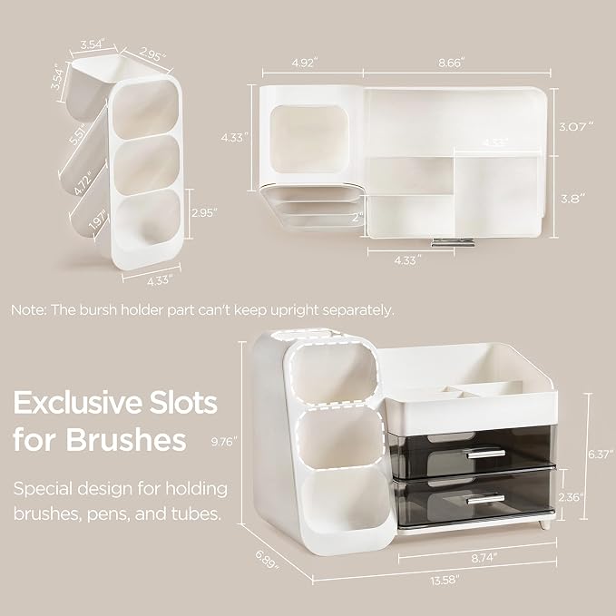 HBlife Makeup Organizer with Brush Holder for Vanity, Large Plastic Bathroom Countertop Organizer Skin Care Storage, Easy to Store Lipsticks, Nail Polishes, Perfumes, Eyeshadow Palettes, White