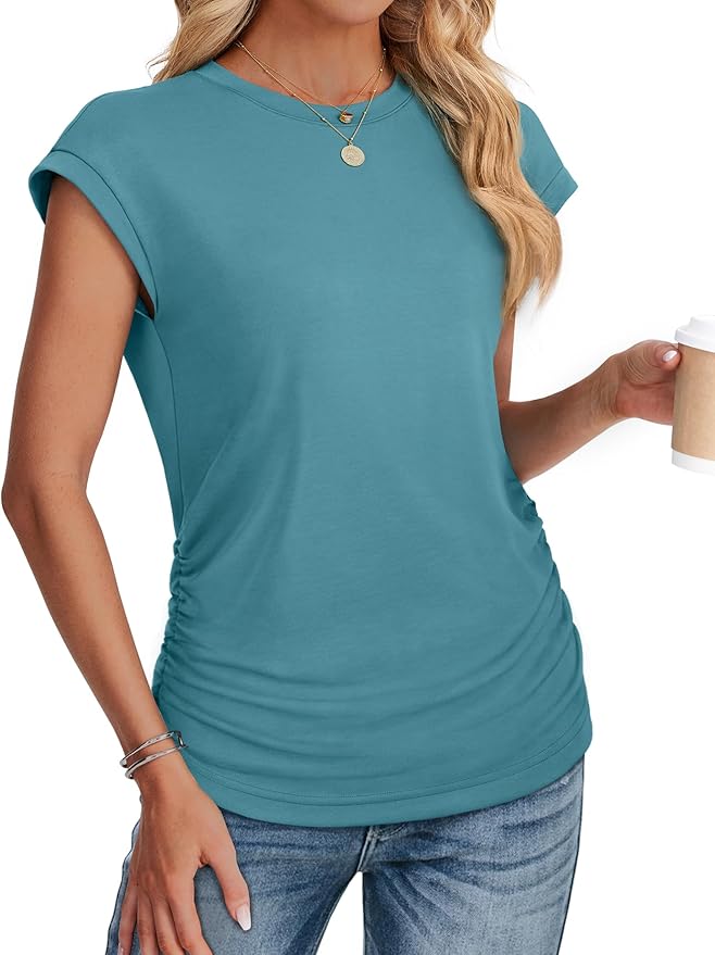 Sampeel Womens Summer Tops Trendy 2026 Ruched Cap Short Sleeve Tshirts Shirts Crew Neck T Shirts Fashion