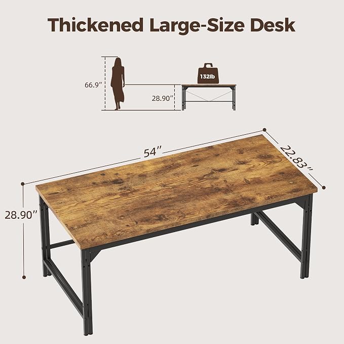 Mericonia 54 Inch Computer Desk, 1" Thick Large Office Table, Brown | Modern Simple Style, Heavy Duty Industrial Frame, Study & Writing Table for Home Bedroom Work