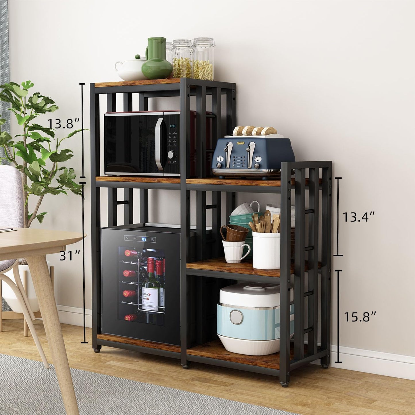 BRIGHTSHOW Kitchen Storage Shelf Bakers Rack, 6-Tier Coffee Bar Table, Kitchen Microwave & Mini Fridge Stand Shelves for Spices, Pots and Pans (52 x 40 x 17.5inch) (Tiger Brown)