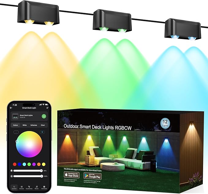 Brizled Smart Outdoor Fence Lights, 12 Lamps Tunable White + RGB Deck Lights APP Controlled Compatible with Alexa & Google Home, Music Sync Fence Outdoor Lighting for Garden Backyard Yard Home Decor