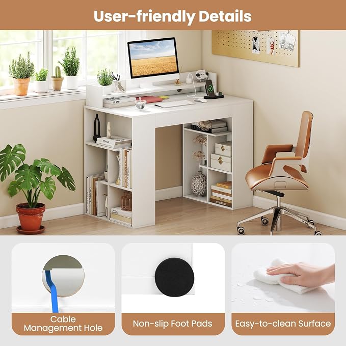 Giantex White Desk with Storage Shelves, 43" Home Office Computer Desk with Charging Station, Dual 3 Tier Bookshelf & Monitor Stand, PC Table Workstation, Modern Study Writing Desk for Bedroom, Dorm