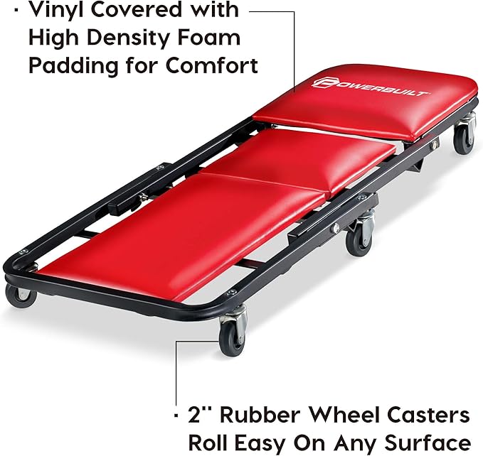 Powerbuilt 36 in. ZAG 2-in-1 Floor Creeper and Rolling Seat – Convertible Design with Padded Headrest, Durable Steel Frame, and Six 2 in. Casters for Easy Maneuvering – 620513