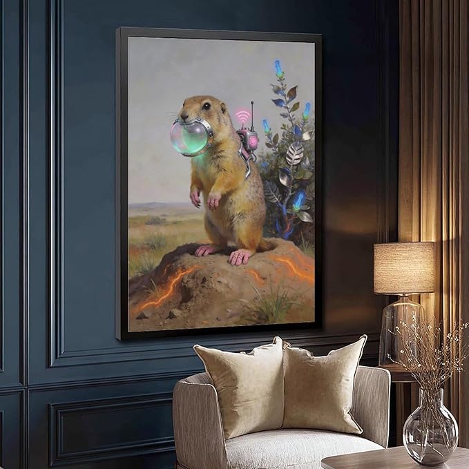 Framed Steampunk Mechanical Prairie Dog Wall Art - Retro-Futuristic Wilderness Poster for Living Room Game Room Decor 24x36in