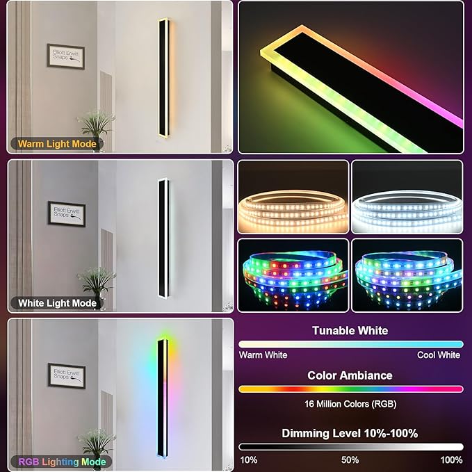 2 Pack Modern RGB Outdoor Wall Light,32 inch Led Wall Lights Fixture,Dimmable Wall Sconce Lights,Long Exterior lighting Fixtures with Control Remote,Outside RGB LED Long Lights for Porch,Patio,Garage