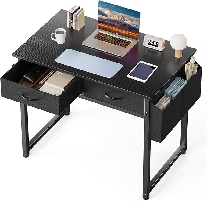 DUMOS 32" Home Office Computer Desk with Drawers, Small Gaming Writing Study Table with Storage Side Bag, Headphone Hook and Adjustable Feet for Bedroom Black | Home Office Desk for Bedroom, Gaming Writing Study Desk with Adjustable Feet
