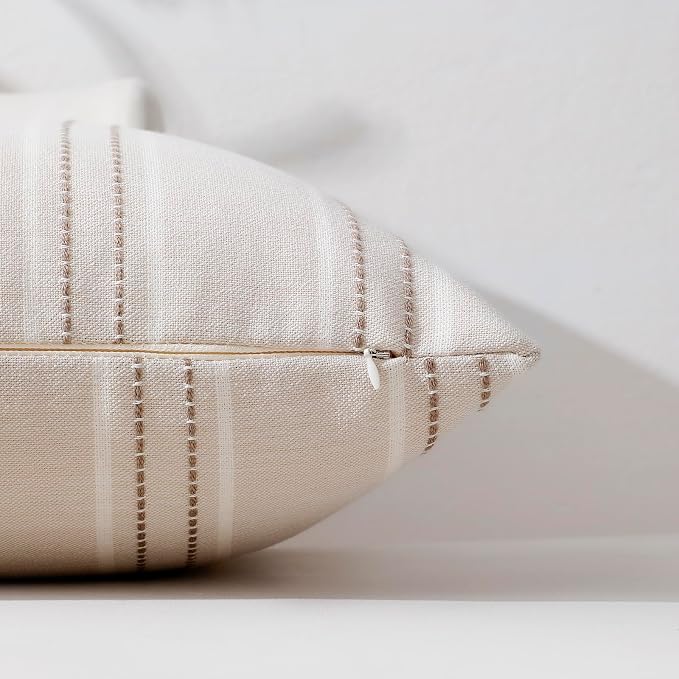 Hckot Striped Throw Pillow Covers 18x18 Set of 2 Taupe Pillow Covers | Farmhouse Decorative Pillows Textured Linen Square Cushion Covers for Sofa Couch Bed Living Room Decor(Taupe)