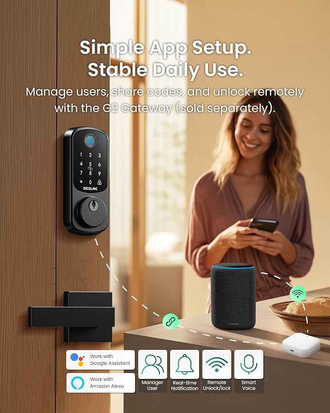 DESLOC B200 Fingerprint Smart Door Lock with App Control, Keyless Entry Deadbolt for Front Door, Auto Lock, Touchscreen Keypad, 8 Unlock Methods, USB-C Backup Power, 12-Month Battery, BHMA Grade3