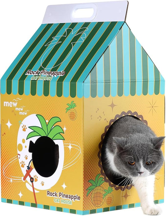 Cardboard Cat House with Scratcher - Yellow Pineapple CartonMilk Box -13''L x 13''W x 22.5''H for Cats up to 16 Lbs - Portable Handle for Easy Transportation -Indoor Cat Playhouse & Hideaway