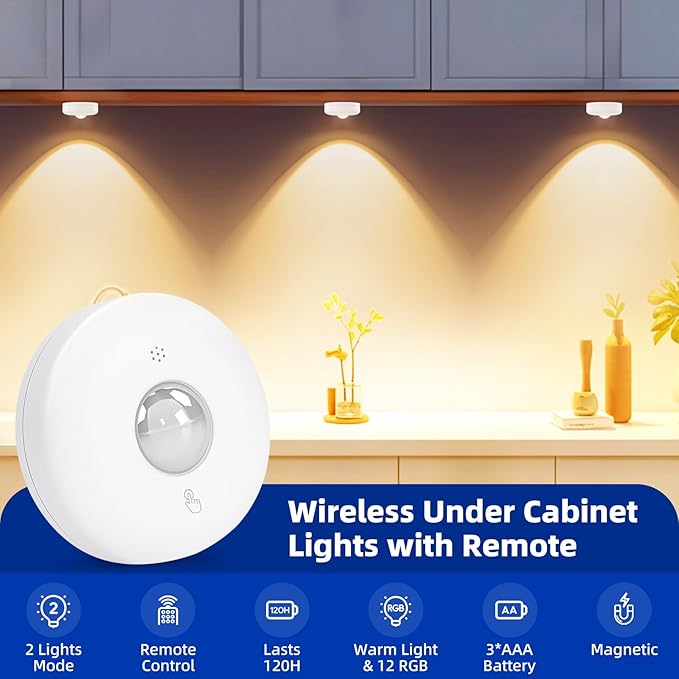 LED Puck Lights with Remote Control, 13 Colors Battery Operated Tap Lights, Dimmer& Timer Under Cabinet Light, Wireless Stick on Light for Closet, Bedroom, Kitchen White 6Pcs