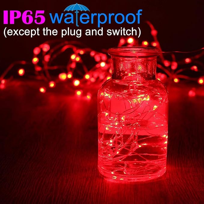 RUICHEN Plug in Fairy String Lights with Switch, Waterproof 33 Ft 100 LED Copper Wire Firefly Lights for Bedroom, Patio, Garden, Balcony, Dorm, Red