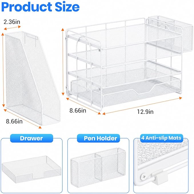 OPNICE Desk Organizers and Accessories, 4-Tier Desktop File Organizer with Drawer and Pen Holders, Office Desk Accessories Workspace Organizers for Office Supplies (White)