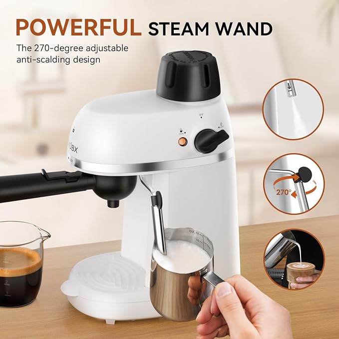 XIXUBX Compact Espresso & Cappuccino Machine, 3.5 Bar with Steam Wand | 800W Fast Heating, Safety Lock & Tritan Cup, One-Touch 4-Cup Brewing & Powerful Steam for Latte, White for Home & Office