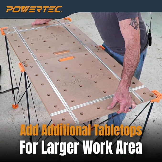 POWERTEC 72289 Arachni-Flex 24" x 48" Foldable Workbench Tabletop w/Carrying Bag - Portable Work Surface w/Pre-drilled Dog Holes, T-Tracks & Quick-Insert Locks for Woodworking Collapsible Workstand