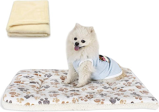 Cat Dog Bed Mat & Blanket, Reversible Pets Crate Pad Bed Mat and Ultra Soft Warm Fleece Calming Blanket for Small Puppy Kitty, Washable