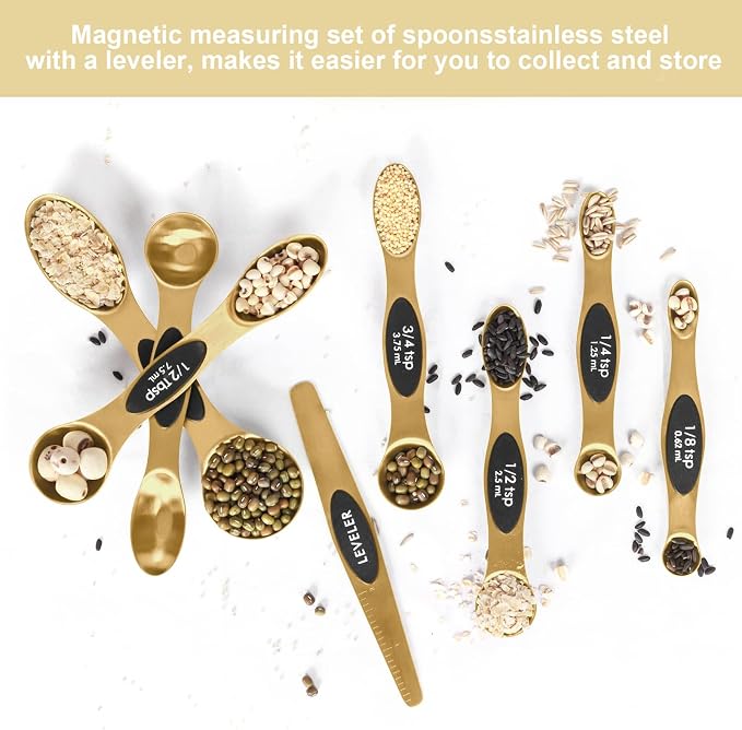 Magnetic Measuring Spoons Set Stainless Steel with Leveler-9pcs Stackable Measuring Cups for Baking-Measuring Cups and Spoon Set Kitchen Gadgets Apartment Essentials Fits in Spice Jars