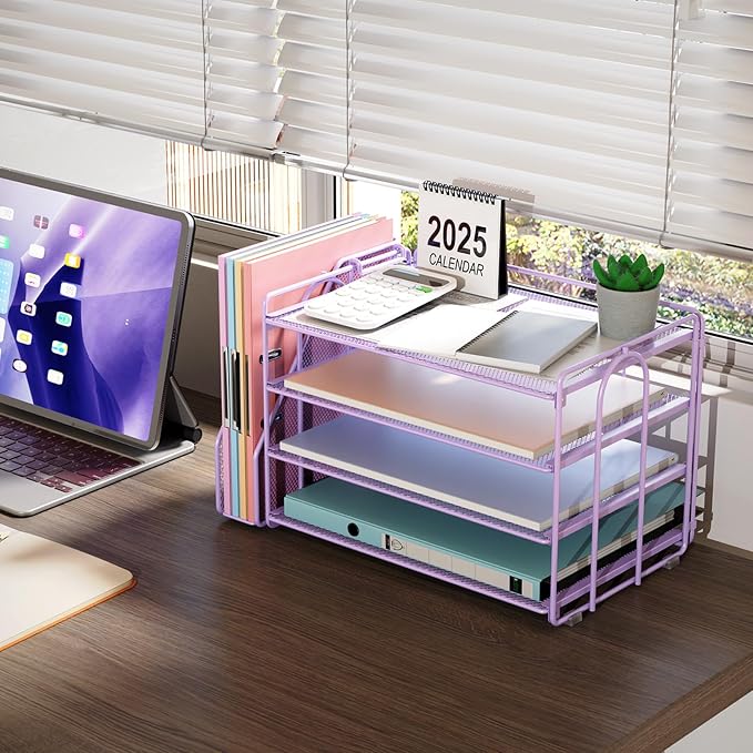 gianotter 4-Tier Paper Organizer With Magazine Holder | Desk Organizers and Accessories, File Organizer for Office Supplies Storag (Purple, 4-Tier)