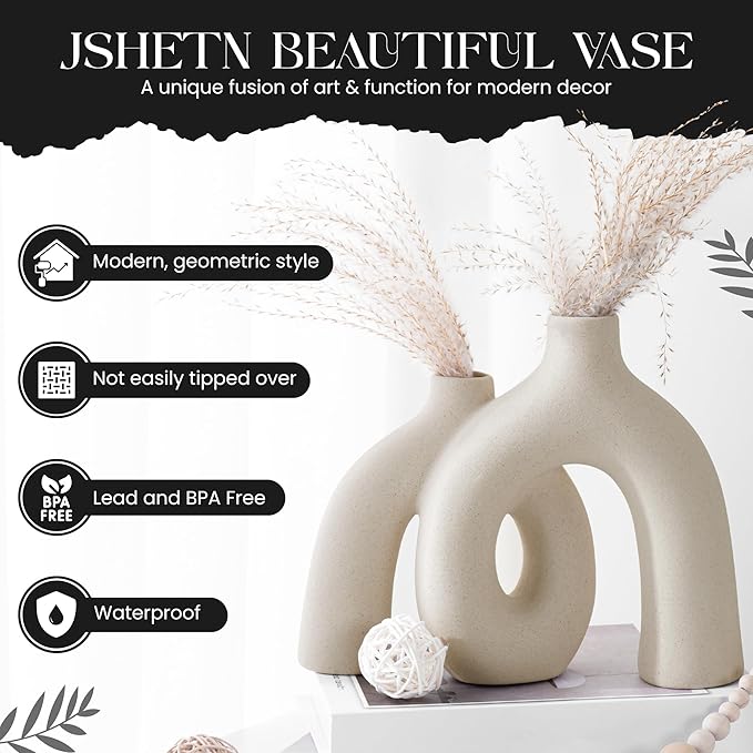 Ceramic Hug Vase (Creamy White) Modern Donut Style Hugging Vases for Flowers Minimalist Decor – Hollow Ceramic Waterproof Home Decor Vases for Living Room, Bed Room, Book Shelf, Entryway, Table