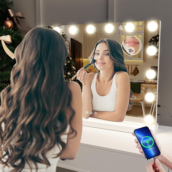 22.8 x 18.2 Vanity Makeup Mirror with Lights, 10X Magnification,Large Hollywood Lighted Vanity Mirror with 15 Dimmable LED Bulbs, USB Charger Port, Tabletop or Wall-Mounted Gold
